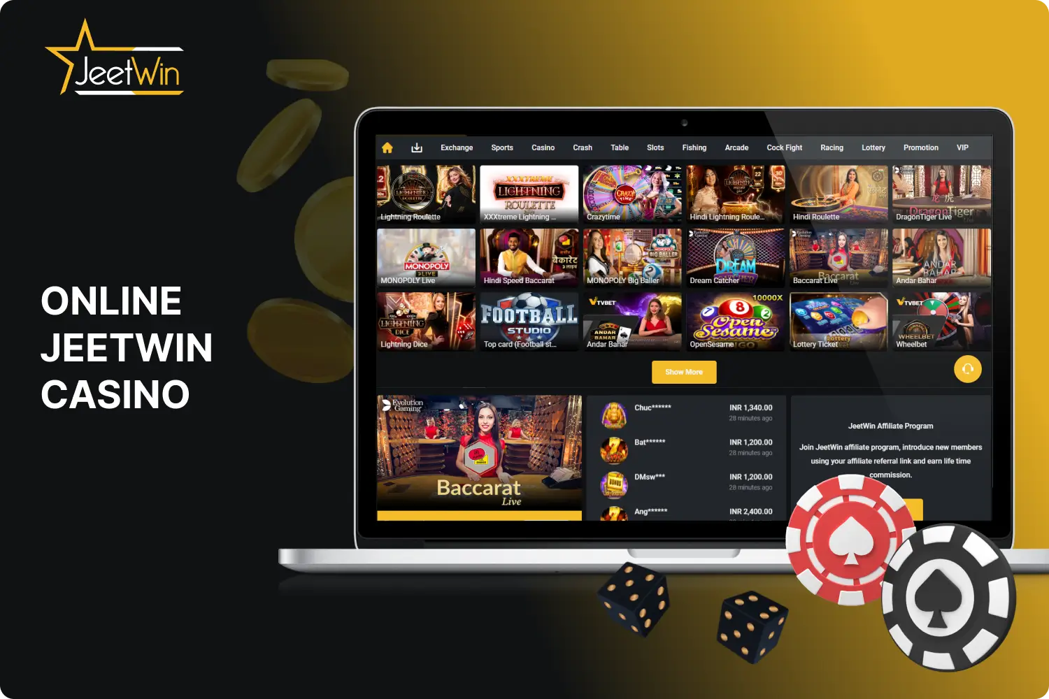 Jeetwin online casino in India offers hundreds of gambling activities to its users